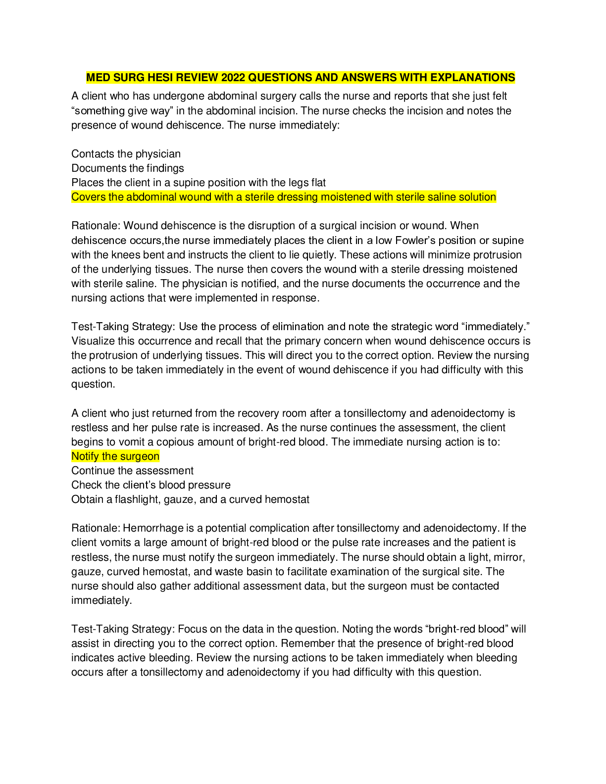 Preview image for MED SURG HESI REVIEW 2022 QUESTIONS AND ANSWERS WITH EXPLANATIONS